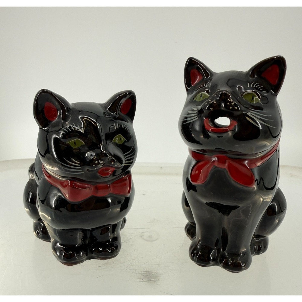 VTG Shafford Black Cat Creamer & Sugar Bowl Set Red Bow Japan Halloween 1950's